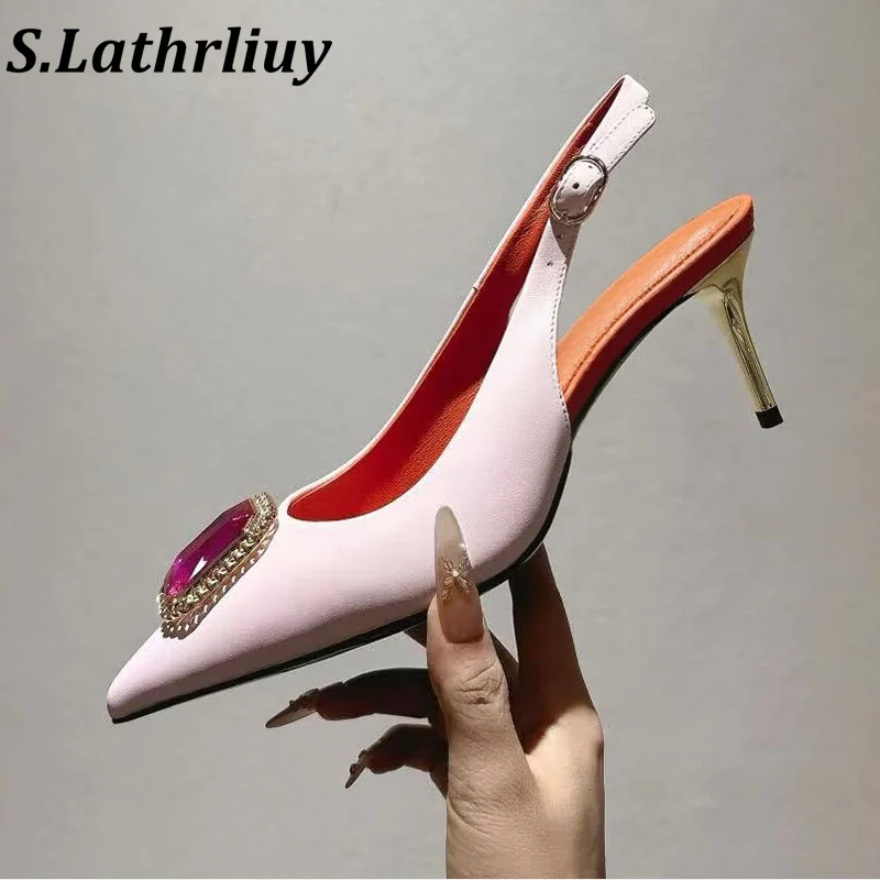 Summer fashion sparkling rhinestone decorated high-heeled sandals for women satin shallow mouth pointed  banquet dress shoes