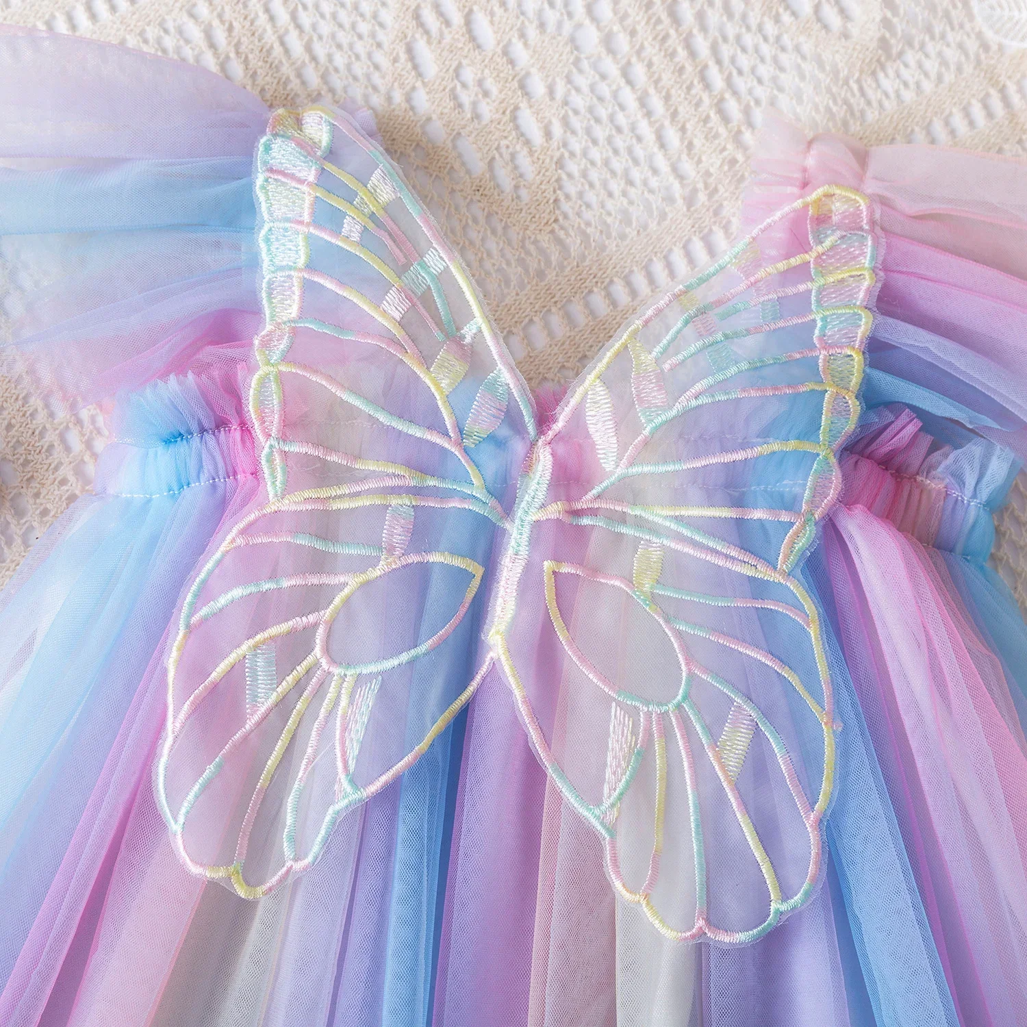 Baby Girl Gradient Rainbow Tulle Sling Dress Back Butterfly Mesh Vestidos Summer Children Wedding Birthday Party Princess Dress