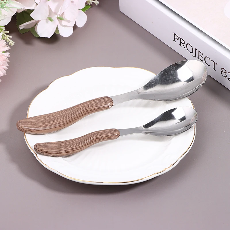 1 قطعة الفولاذ المقاوم للصدأ تقليد مقبض خشبي أدوات المائدة الغربية أدوات المائدة الحلوى ملعقة شوربة مطعم غربي بار أدوات المائدة #3