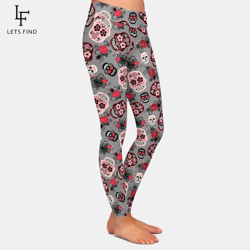 LETSFIND 2020 nuovo 3D Day of The Dead Skull Printing Leggings Sexy da donna moda a vita alta Leggings morbidi e sottili