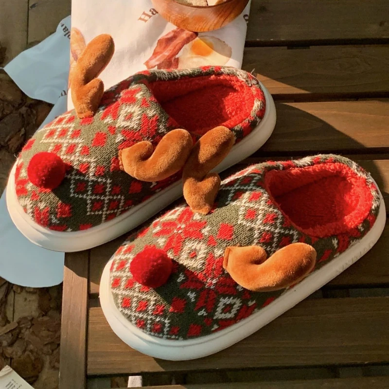 

Women Indoor Fluffy Slippers Cute Cartoon Deer Winter Warm Shoes Soft Plush Anti-slip Home Floor Female Christmas Cotton Slipper