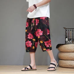 Chinese style summer new cotton and linen cropped casual shorts for men baggy beach pants