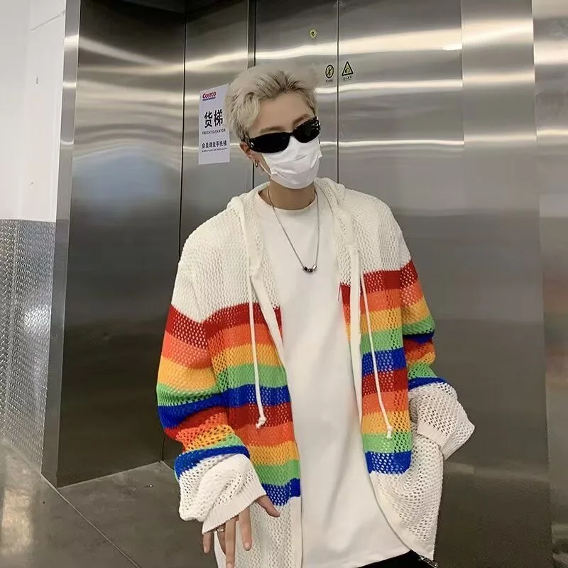 Men Boy Dopamine Rainbow Colorful Shirts Tops Male Trendy Knit Striped Hooded Hollow Out Holes Blouse Lover Ins Chic Coat Jacket