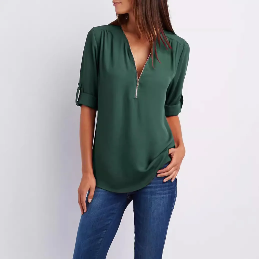 Summer Women Cool Loose Shirt Deep V Neck Chiffon Blouse Casual Ladies Tops Sexy Zipper Pullover Plus Size Long Sleeve Fashion