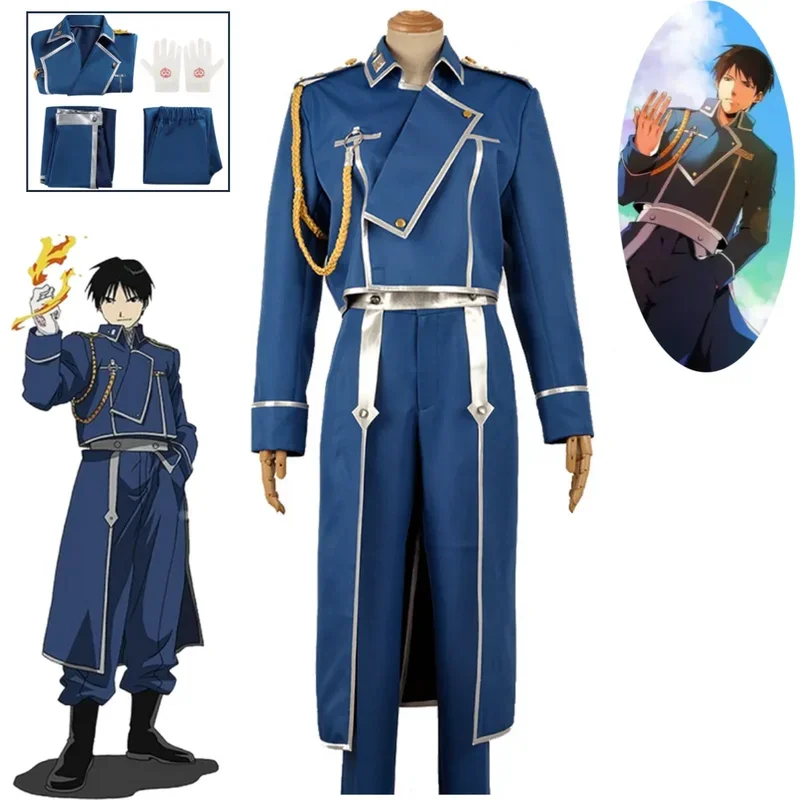 Anime Fullmetal Alchemist Roy Mustang Setelmann Kostum Cosplay Medieval Military Suit Coat Jacket Glove Halloween Party Set