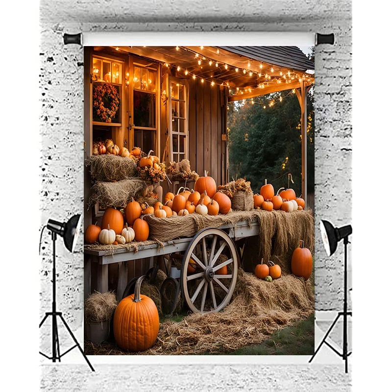 Halloween Day Autumnal Pumpkins Photography Backdrops Props Maple Leaf Scarecrow Farm Harvest Thanksgiving Background GE-261