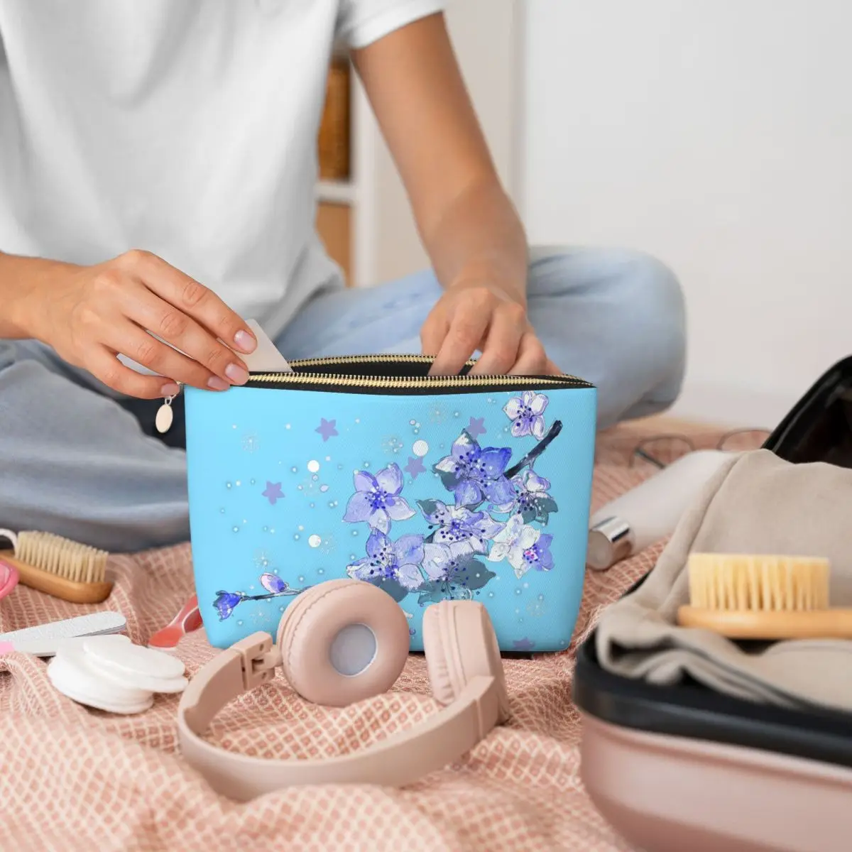 لان وانغجي الأزرق ساكورا الفن الجامح مو داو زو شي جوسو لان حقائب مستحضرات التجميل النسائية السفر ماكياج المنظم الحقيبة تخزين أدوات الزينة #5