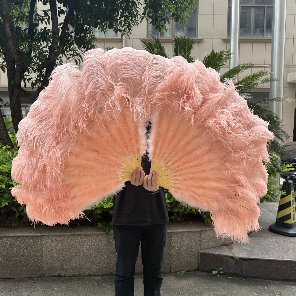 Abanicos de plumas de avestruz de color rosa melocotón, decoración plegable de mano, abanico de plumas, accesorios de fiesta, accesorios para espectáculo en escenario, 130CM, 2 piezas