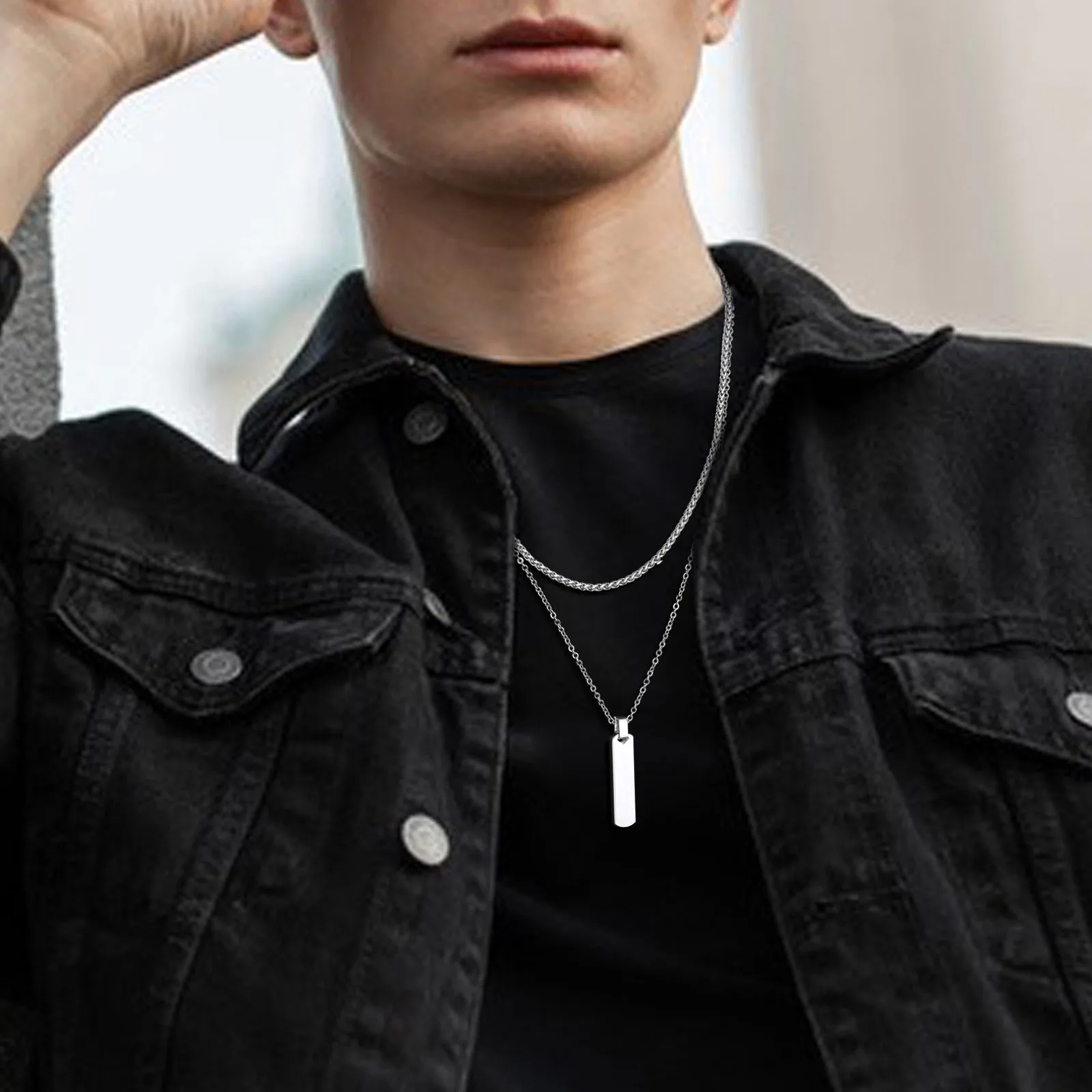 Vertical Bar Stacked Necklaces for Men Boys,Stainless Steel Cuban Chain Twisted Rope Chain Collar,Stylish Jewelry Sets Gifts