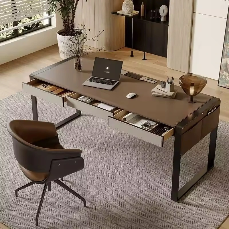 All solid wood desktop, hidden drawer storage, simple metal frame, executive desk