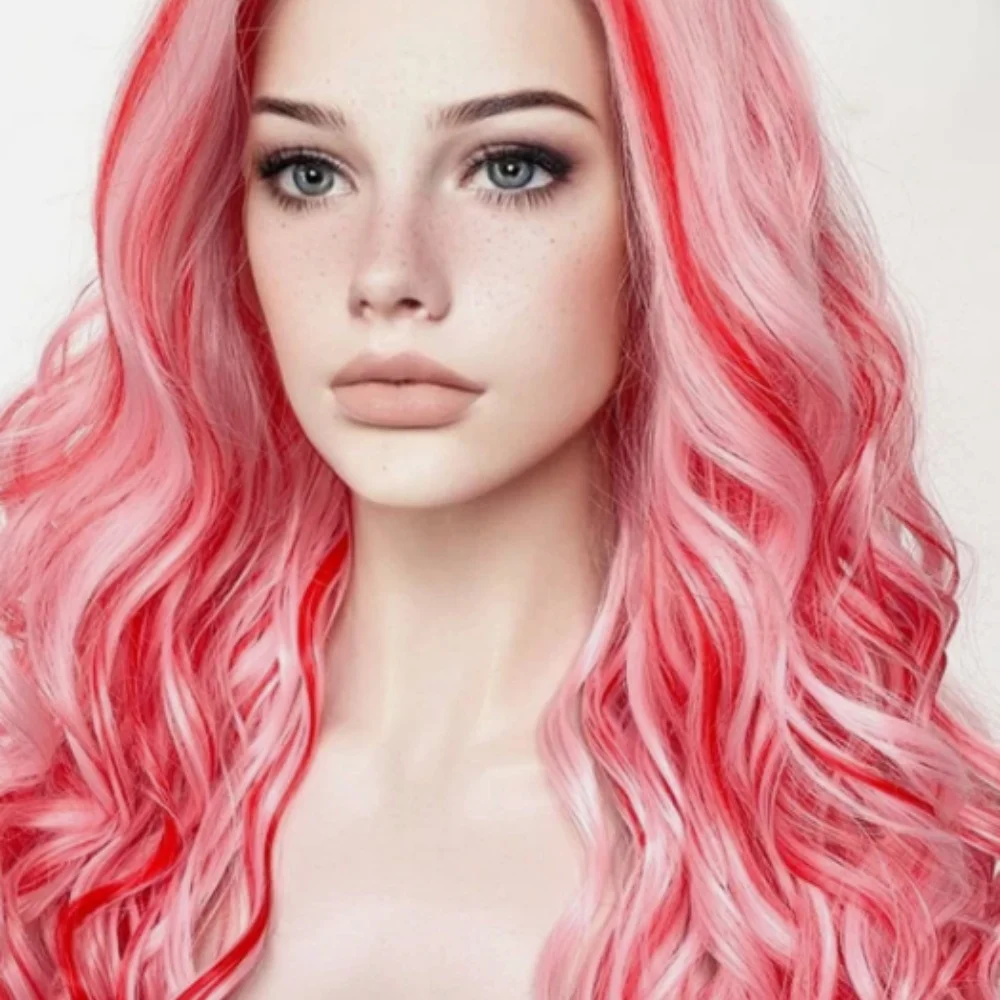 خلط الشعر المجعد الوردي مع شعر طويل مموج ودانتيل صناعي لسلامة التسخين الصناعي-