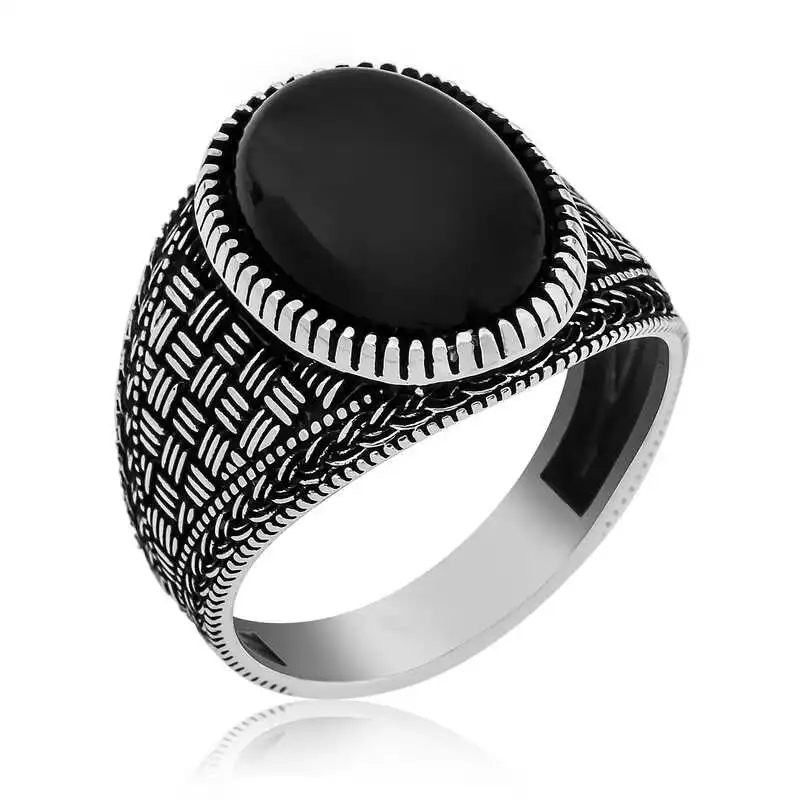 Silver Onyx Stone Knitted Patterned Men's Ring - 925 Sterling Men Jewelry Wedding Party Birthday Gift - Box - Onyx Stone - for Man - Fashion - Botiva - Size - Turkish - Patterned Embroidered