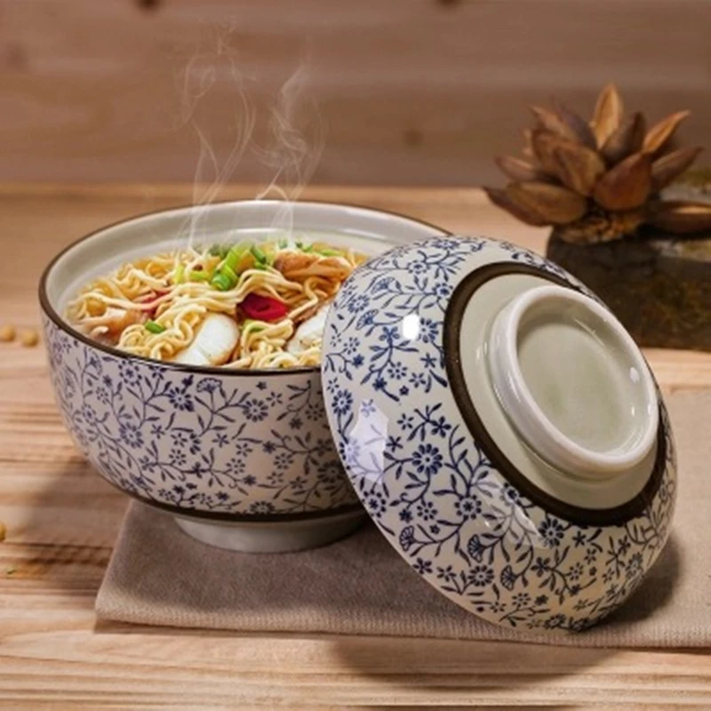 

6.5-inch Round Tureen Japanese Underglaze Retro Ceramic Soup Noodle Steaming Bowl with Lid Stew Pot Household Instant Ramen