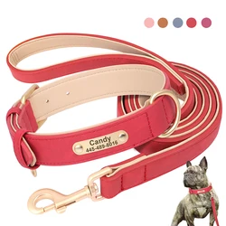 Custom Engraved Dog Collar with Lead Leash Soft PU Leather Dog Collars and Leash Set Personalized Dogs ID Collar for Pug Pink