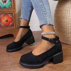 Suede Platform Women Mary Janes Shoes Shallow High Heels Pumps Autumn Fashion New Buckle Shoes 2024 Dress Party Mujer Zapatos