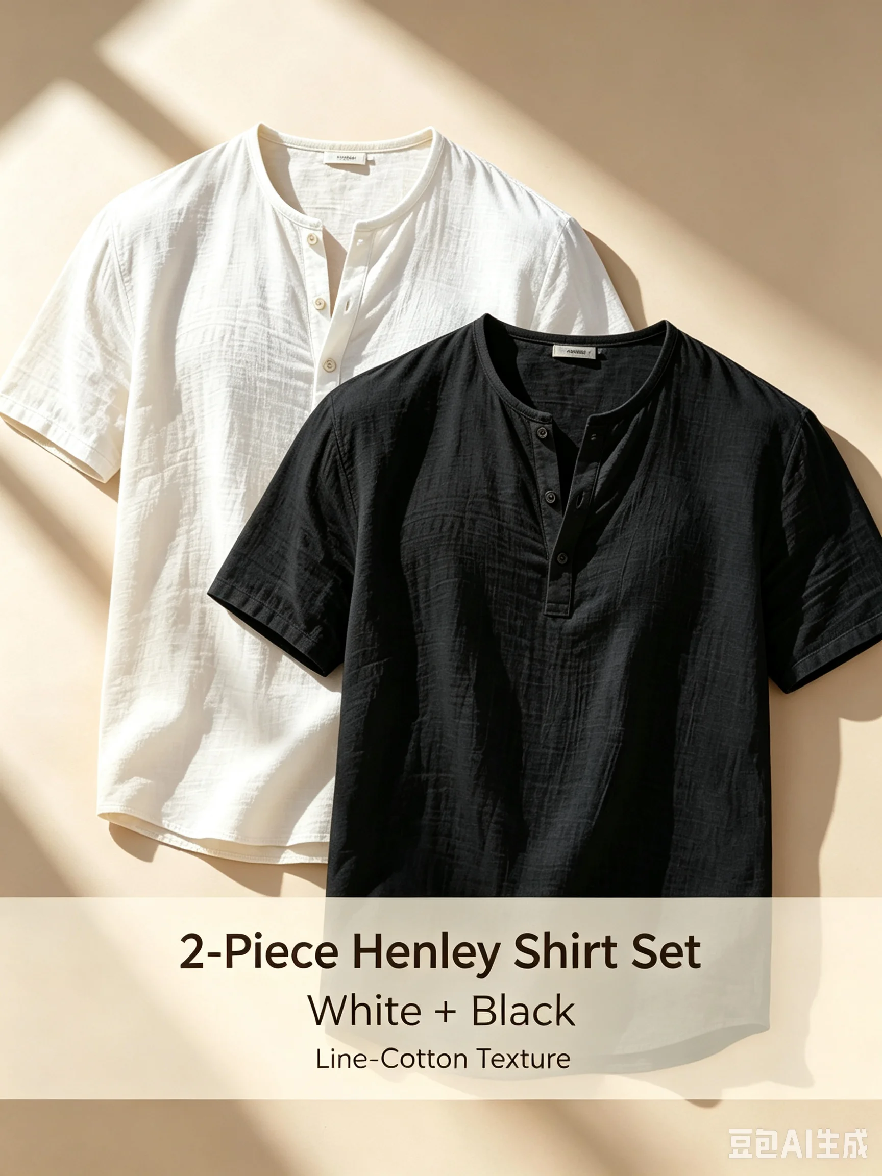 2pcs Men's Cotton Linen Henley Short Sleeve Shirts Pack Breathable Stand Collar Casual Summer Beach Solid Textured Tees