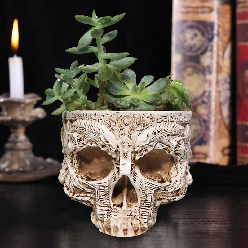 Halloween Skull Flower Pot Gothic Skeleton Planter Container Organizer Suitable for Home Garden Decor