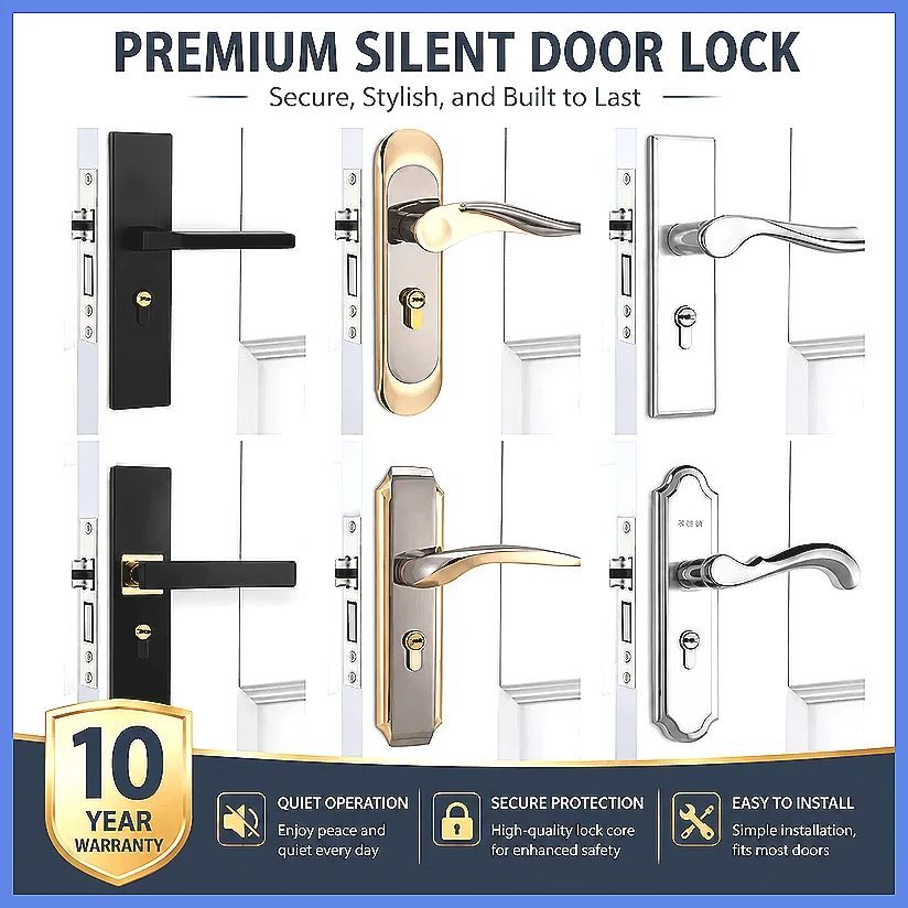 Black Universal Bedroom Door Lock Set, Silent Old-Style Handle for Wooden Interior Doors, Replacement Keyless Privacy Knob
