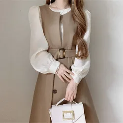 Coreano Chic Office Lady elegante canotta o-collo doppio petto senza maniche Robe2023 primavera nuova cintura sottile veste