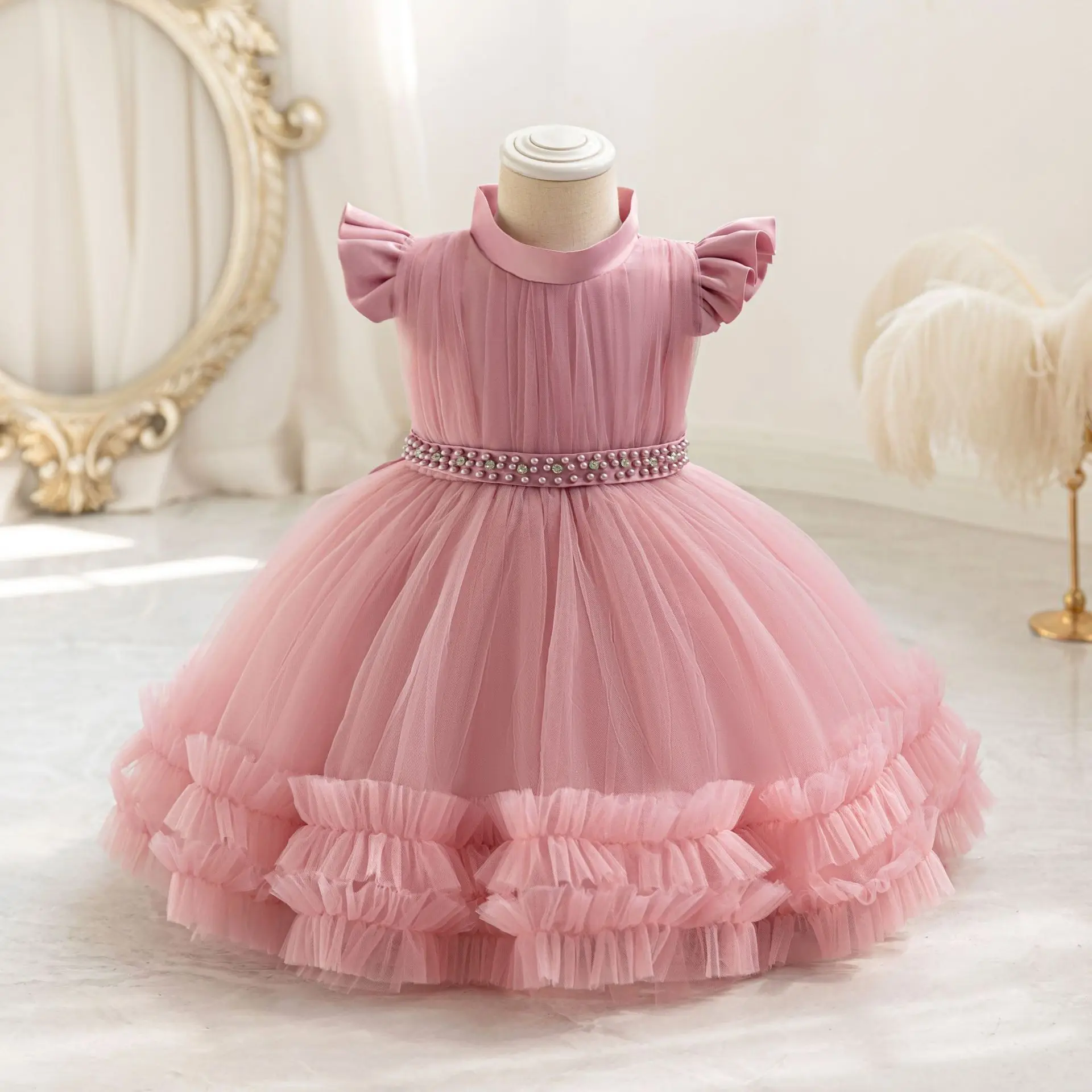 

Toddler Girls Ruffle Sleeves Beaded Tulle Princess Dress For Children Wedding Birthday Party Communion Elegant Baby Baptism Gown