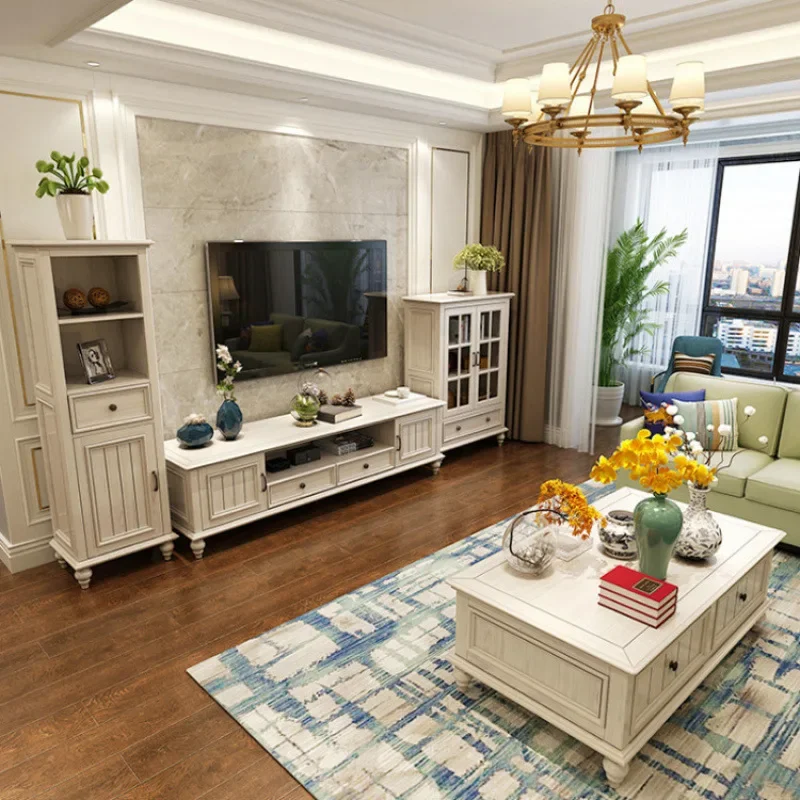 All solid wood coffee table, simple small apartment tea table antique white coffee table TV cabinet