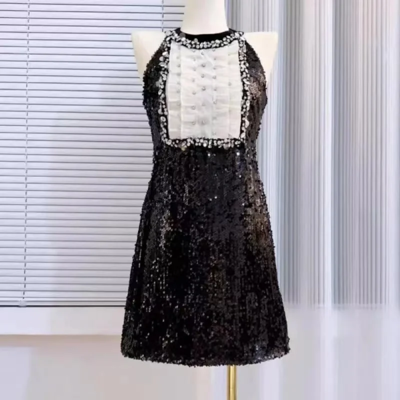 Sweet Girl Summer Black Sequins Sparking Slim Mini Dress High Quality Luxury Women Sleeveless O Neck Diamonds Prom Party Vestido