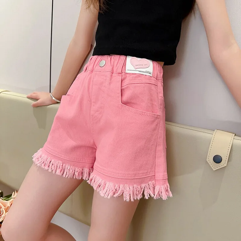 Big Girls Denim Pink White Short Jeans Kids Elastic Waist Shorts Pants Teenager Summer Casual Short Pants 5 7 8 9 11 12 14 Years