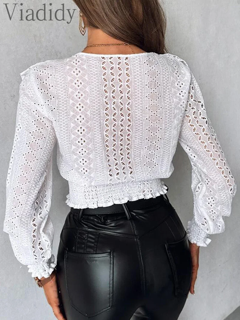 Women Casual Solid Color Frill Hem Eyelet Embroidery Shirred Blouse Top