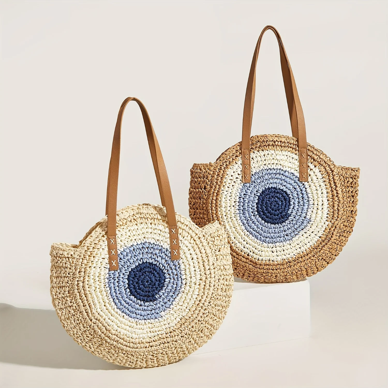 Contrast Straw Woven Tote Bag, Large Capacity Summer Beach Bag, Casual Travel Holiday Shoulder Bag