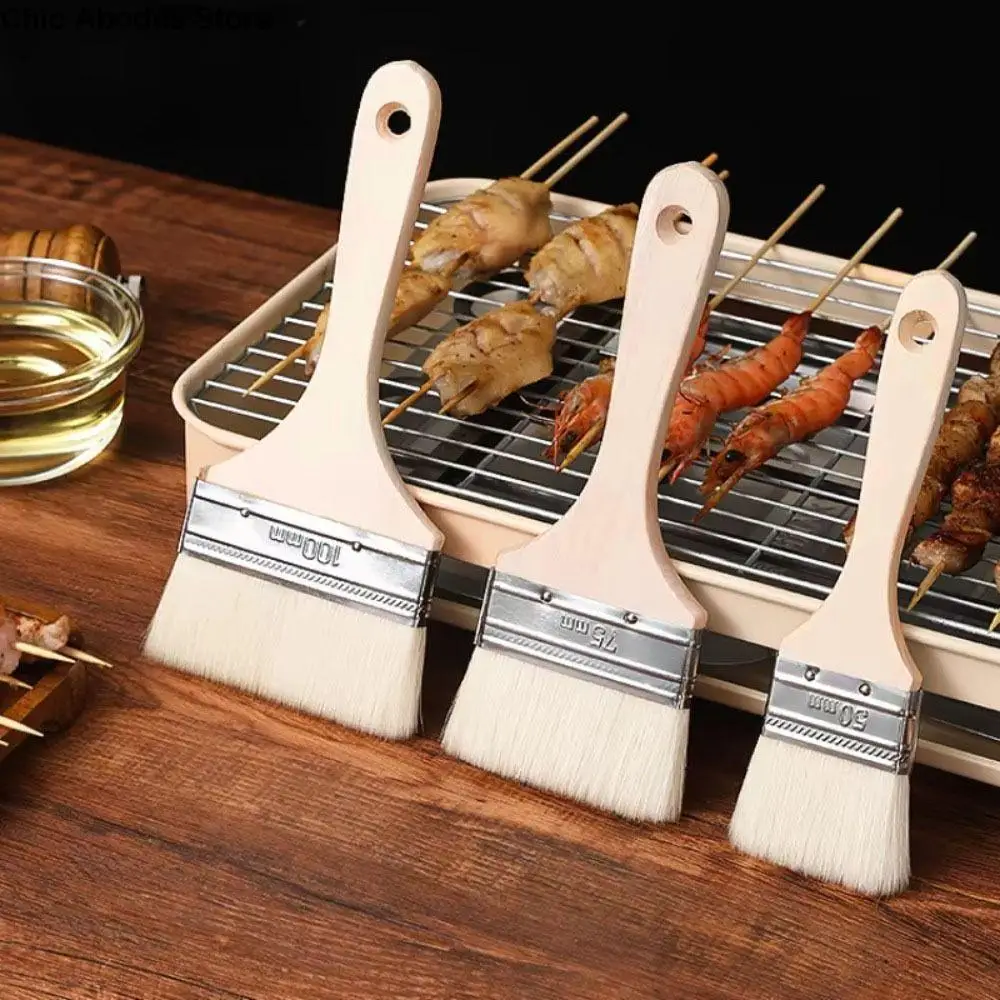 Cepillo de limpieza con mango de madera, cepillo de aceite para barbacoa de lana, cepillo para salsa de barbacoa resistente al calor de calidad alimentaria, cepillo para repostería reutilizable para hornear, 3 uds.