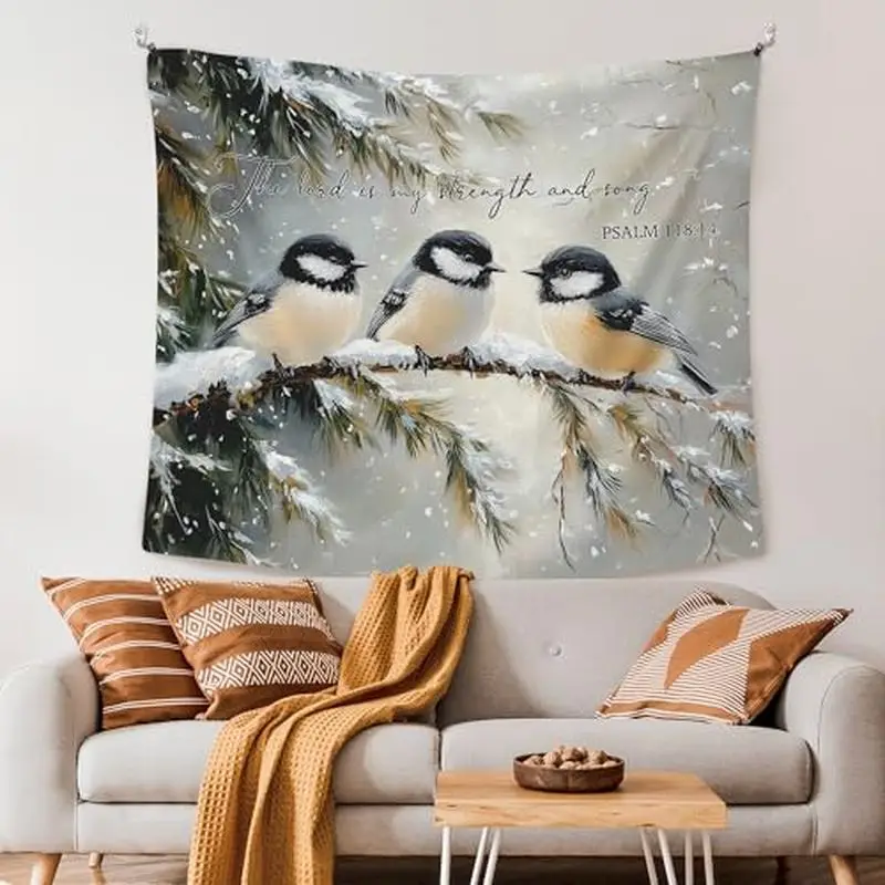 VIKAMA Winter Chickadee Bird Lord Is My Strength Wall Tapestry Snow Pine Branch Psalm 118 14 Christian Religious Oil Painting