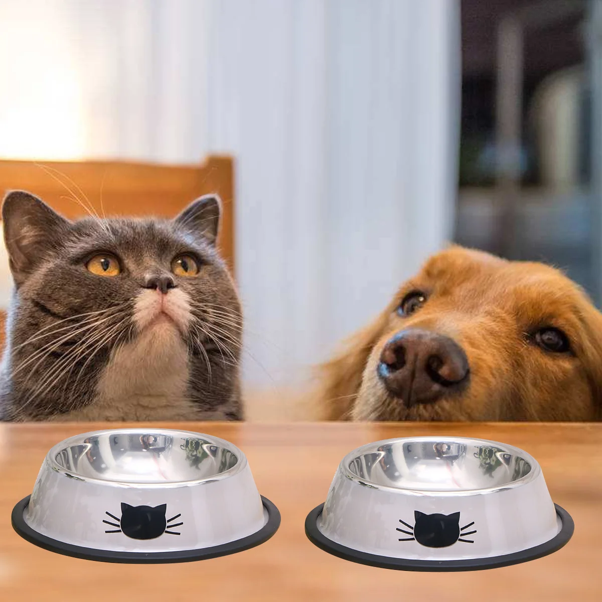 

2pcs Stainless Steel Cat Bowl Small Pet Food Water Dish Rust Resistant Non-Slip Base For Kittens Puppies Grey White