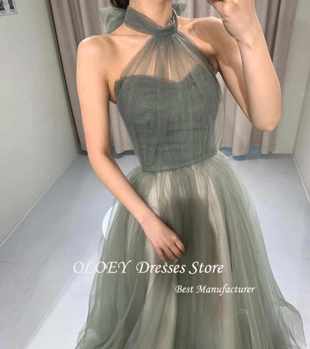 

OLOEY Giyu Fairy Grayish Green A-Line Wedding Dresses 웨딩드레스 Tulle Bow Halter Customized Korea Photoshoot Plus Size Floor-Length
