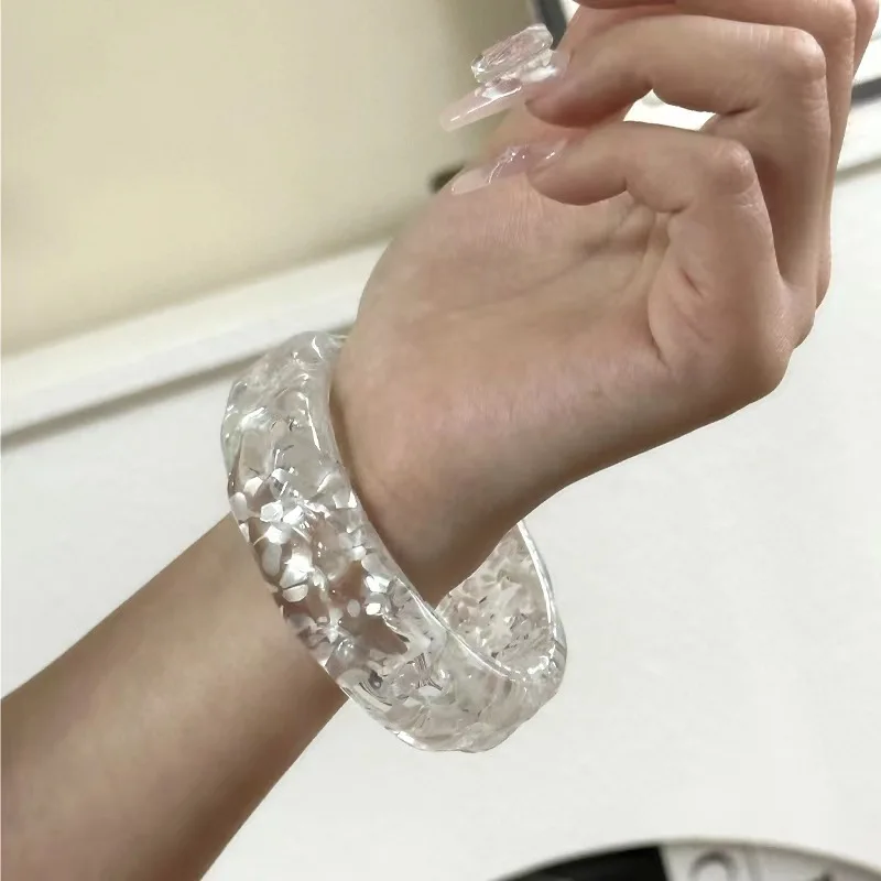 

Vintage Transparent Shell Geometric Irregular Round Cuff Bangle For Women Korean Resin Large Wide Chunky Bangles Charm Jewelry