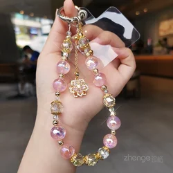 Mobile Phone Chain Luxury Dream Beads Pink Beaded Mobile Phone Lanyard Women's Advanced Sense of Crystal Flower Pendant
