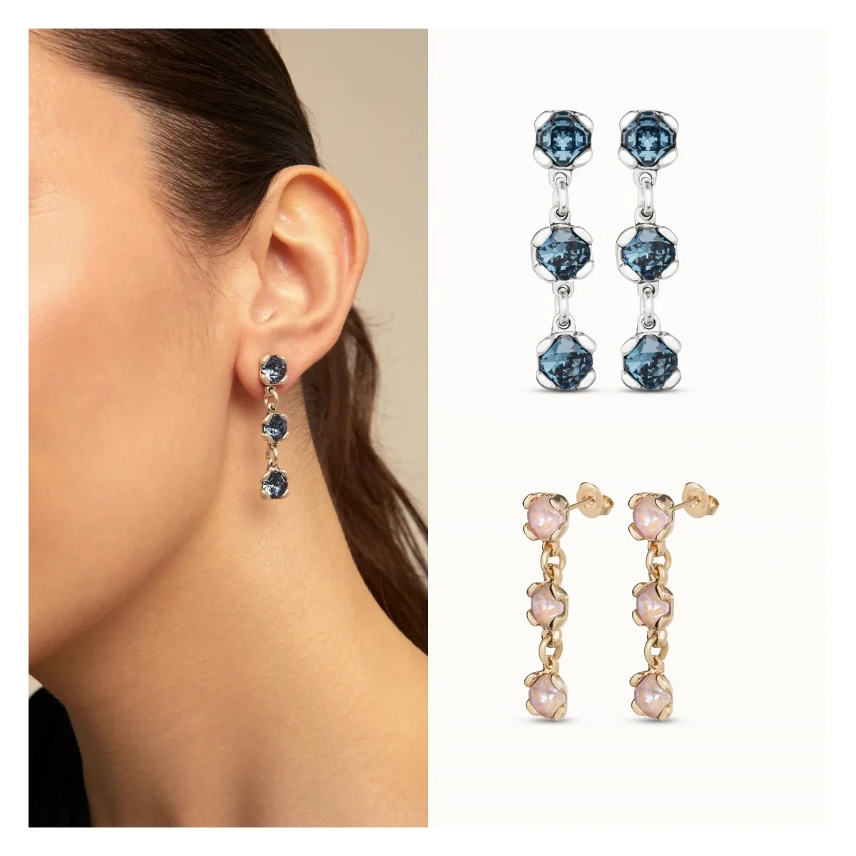 

2024 Original Unode50 Silver plated stud earrings set with three blue crystals fashion light luxury women's party jewelry gift