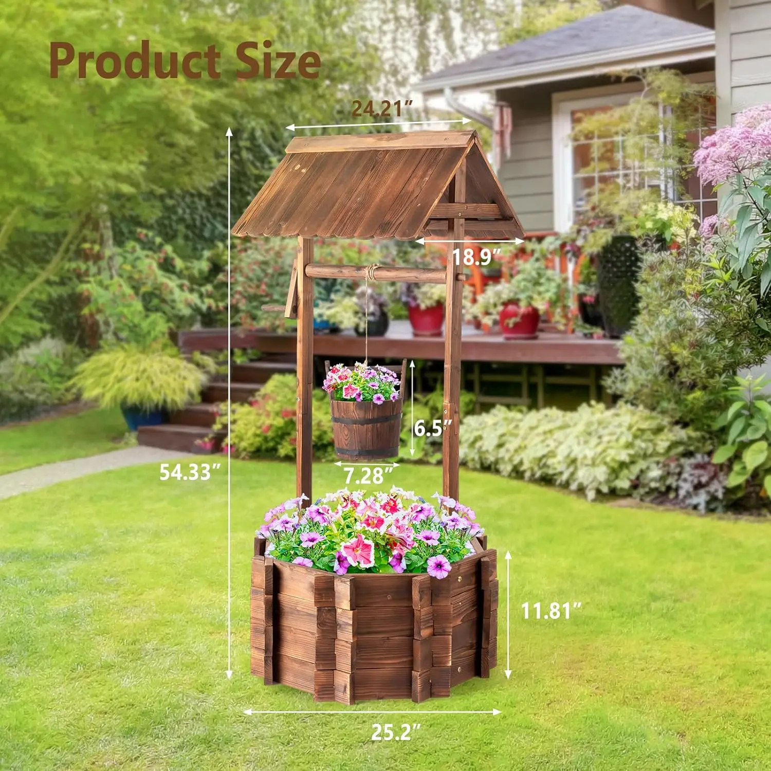 Comfort Corner Wooden Outdoor Planters,Height Adjustable Hanging Bucket, Rustic Flower Pot Home Decor for Outside Patio Garden