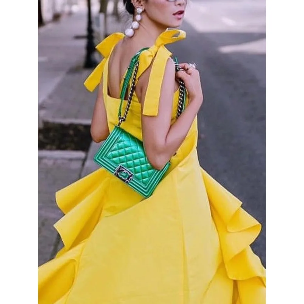 Greenora Women's Yellow Asymmetric Ruffle High-Low Tube Tops Spaghetti Strap Tie Shoulder Sleeveless Elegant Party Blouses