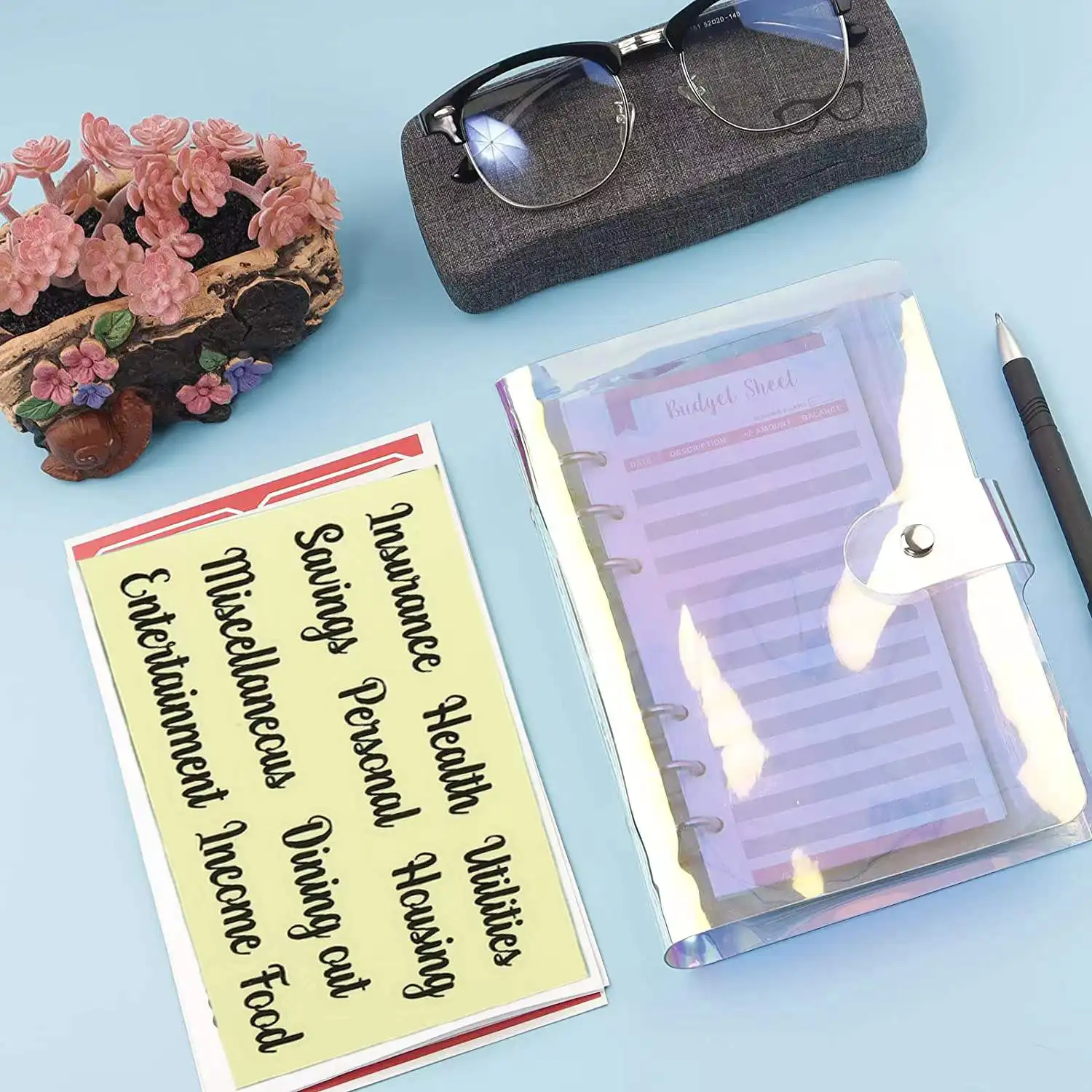 A6 Budget Binder Waterproof Cash Envelopes Notebook Organizer System with 10 Zipper Pockets,12 Budget Sheet and Label Stickers