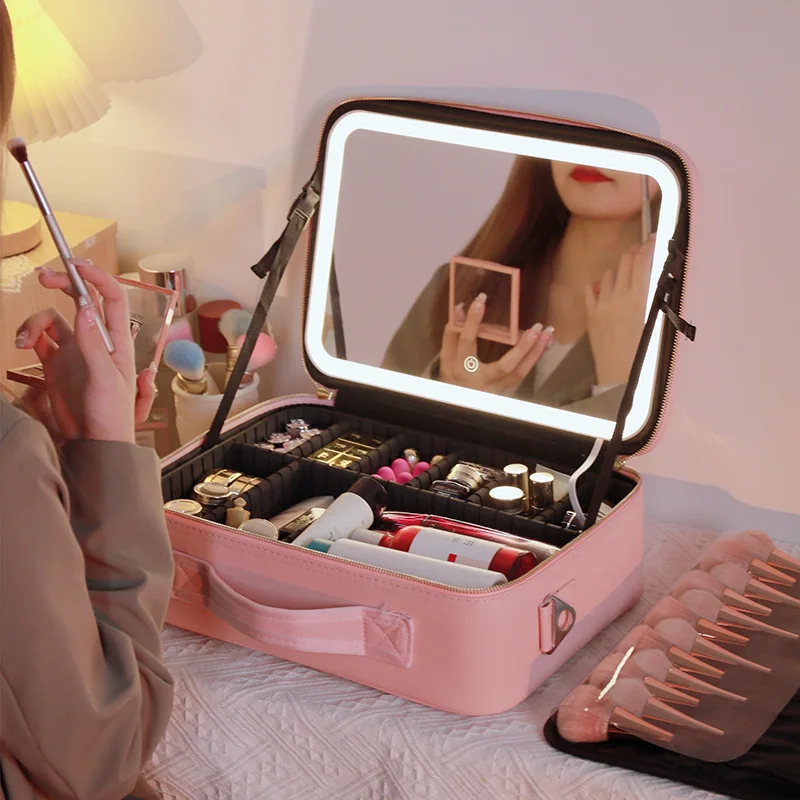 

Smart Led Makeup Bag With Mirror Lights Large Capacity Professional Cosmetic Case For Women Travel Organizers Beauty Kit Storage