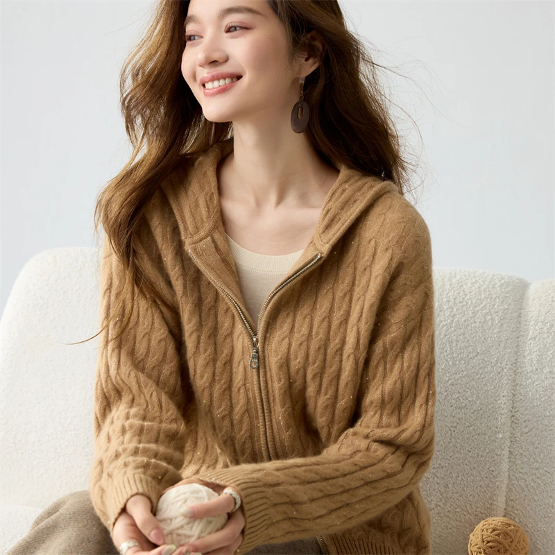 Autumn Winter Women's 100%Cashmere Cardigan Sweater Hooded Collar Vertical Cable Lurex Sparkle Yarn Mellow Casual Knit Outerwear