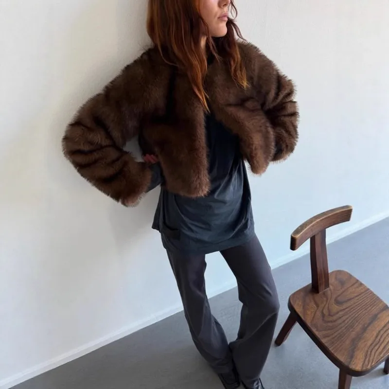 Chaquetas holgadas de piel sintética, cárdigans cortos lisos con cuello redondo, abrigo de felpa marrón, chaqueta peluda de visón sintético informal gruesa y cálida, lujo esponjoso 2025