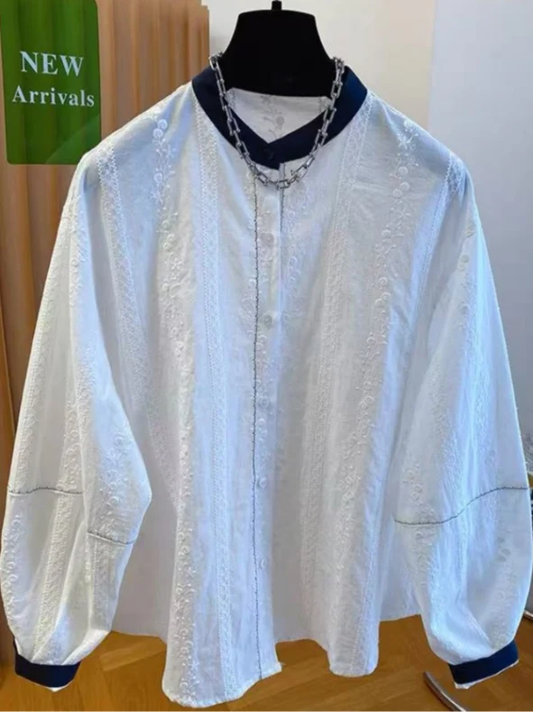 Blanc brodé rond Ne coton irt femmes printemps 2026 ample décontracté Long Sve respirant pur haut en coton