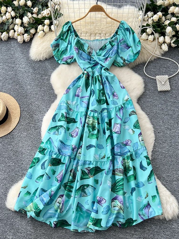 

Summer Women's Cross Collar Waist Cinched Short Sleeved Dress New Fashionable Sexy Beach Vacation Elegant Floral Long Dress Y100