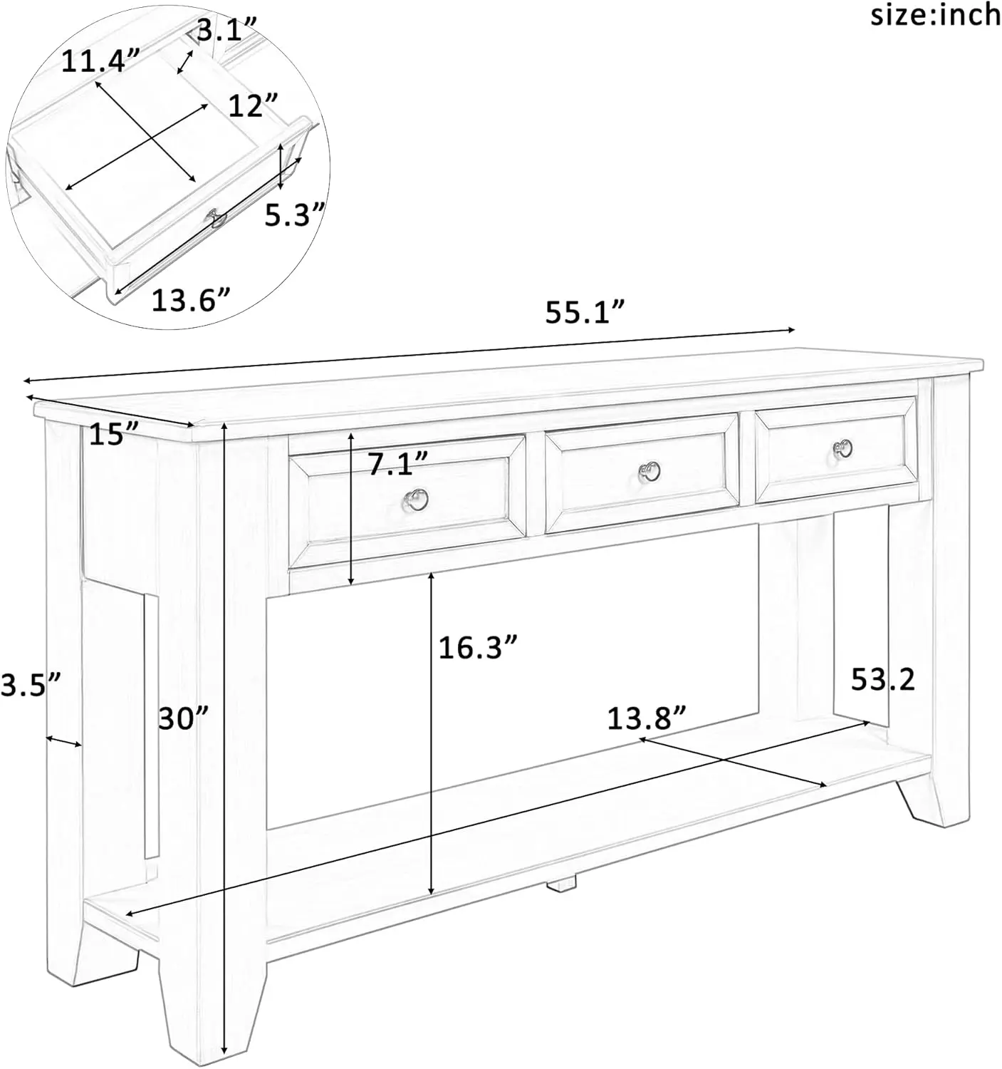 55in Long Sofa Console Table with 3 Storage Drawers and Bottom Open Shelf, Wooden Side Table for Entryway Hallway Living Room