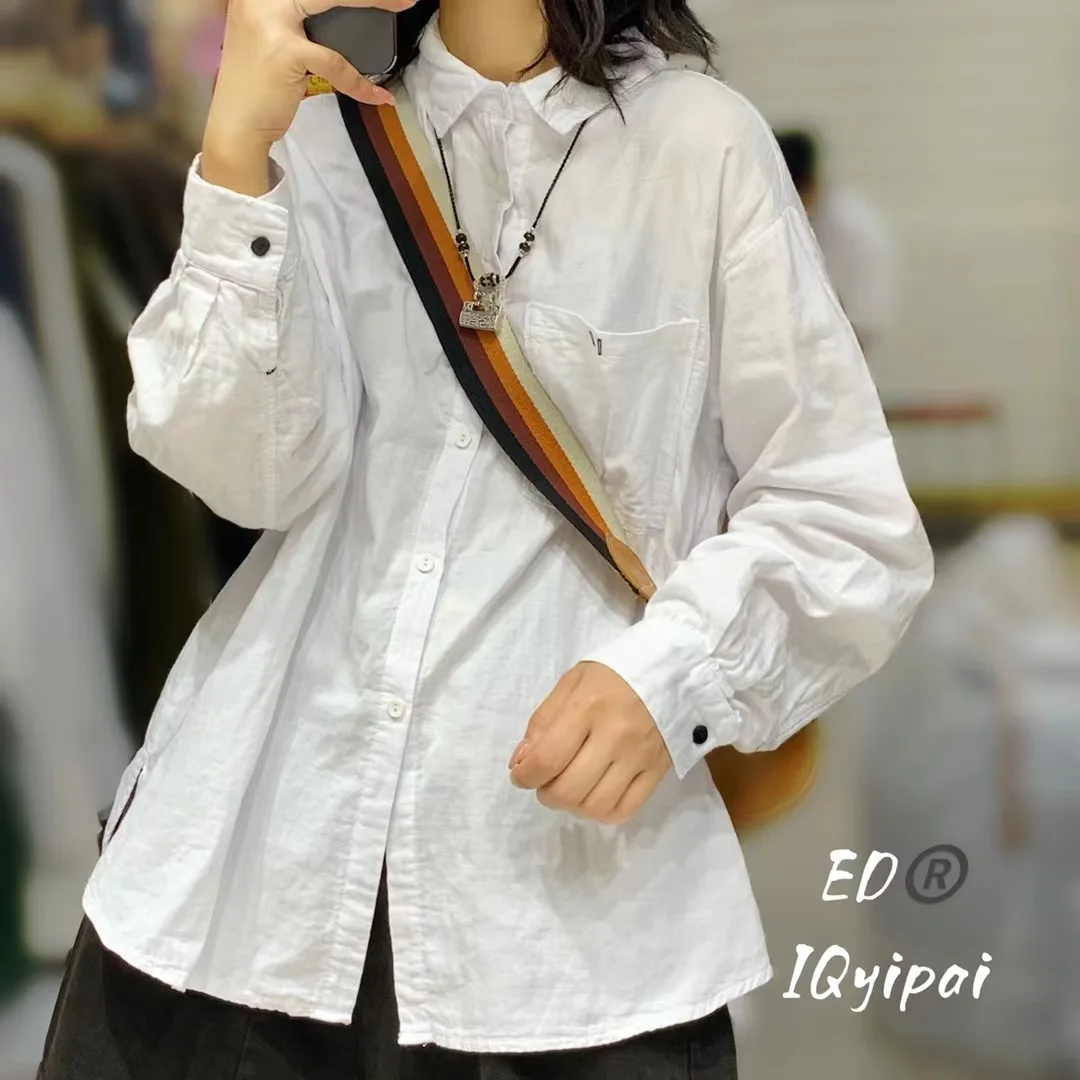 Women Shirt Spring Summer Cotton Linen Solid Color Loose Cardigan Pockets Casual Basic Fashion Blouse Female