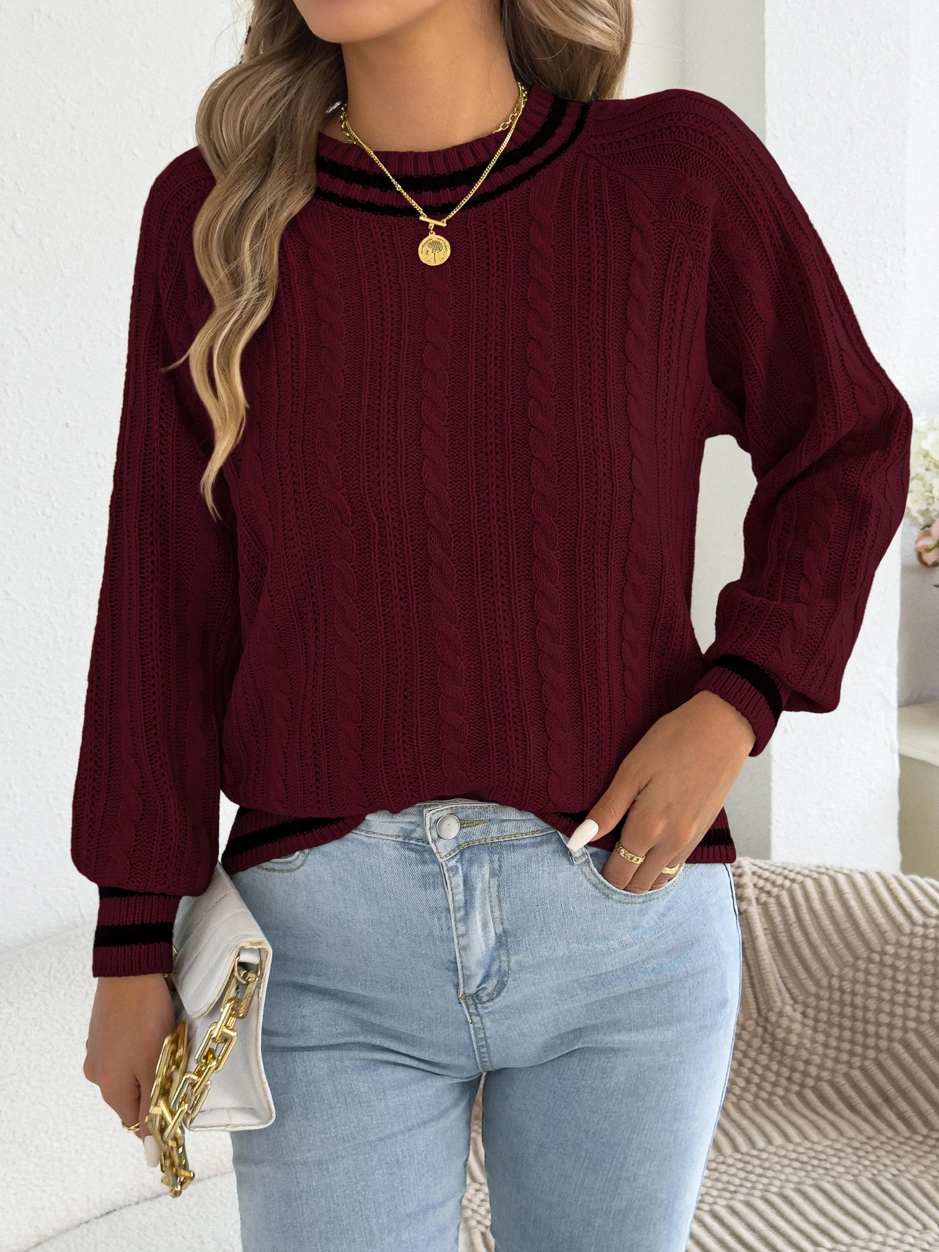 

Autumn Winter Color Block Stripe Knitted Sweaters Woman 2025 Casual Round Neck Lantern Long Sleeve Pullover Red Khaki White Tops