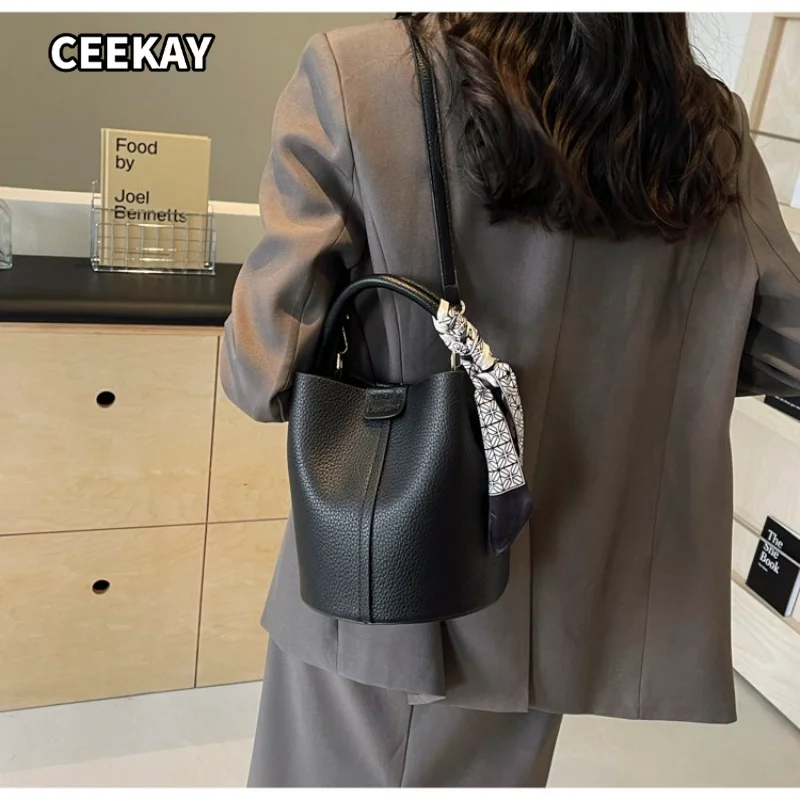 CEEKAY Women's Bucket Bag Black Textured PU Leather Small Top Handle Bag Scarf Detail Buckle Daily Commute Casual Sweet