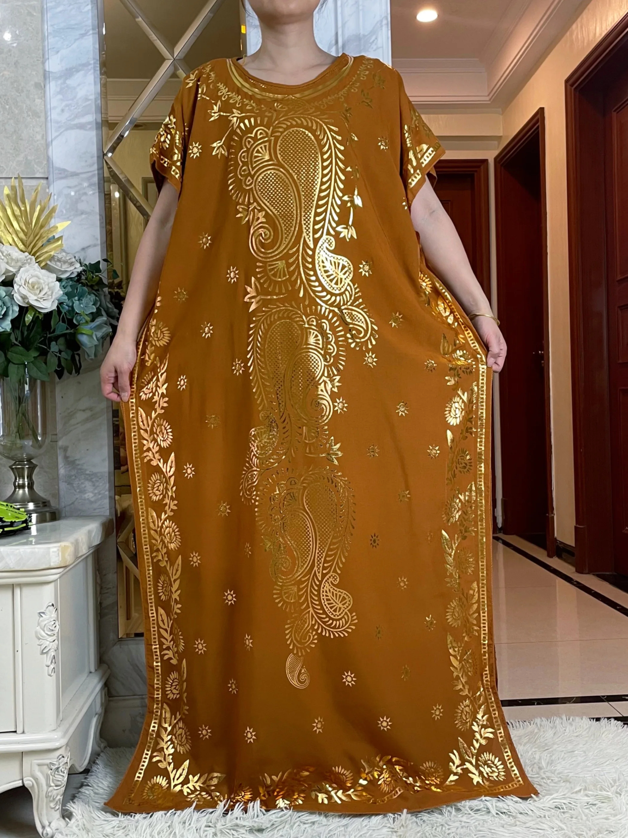2024New Summer Loose Short Sleeve Cotton Robe Gold Stamping Boubou Maxi Islam Femme Dress With Big Scarf African Abaya Clothes