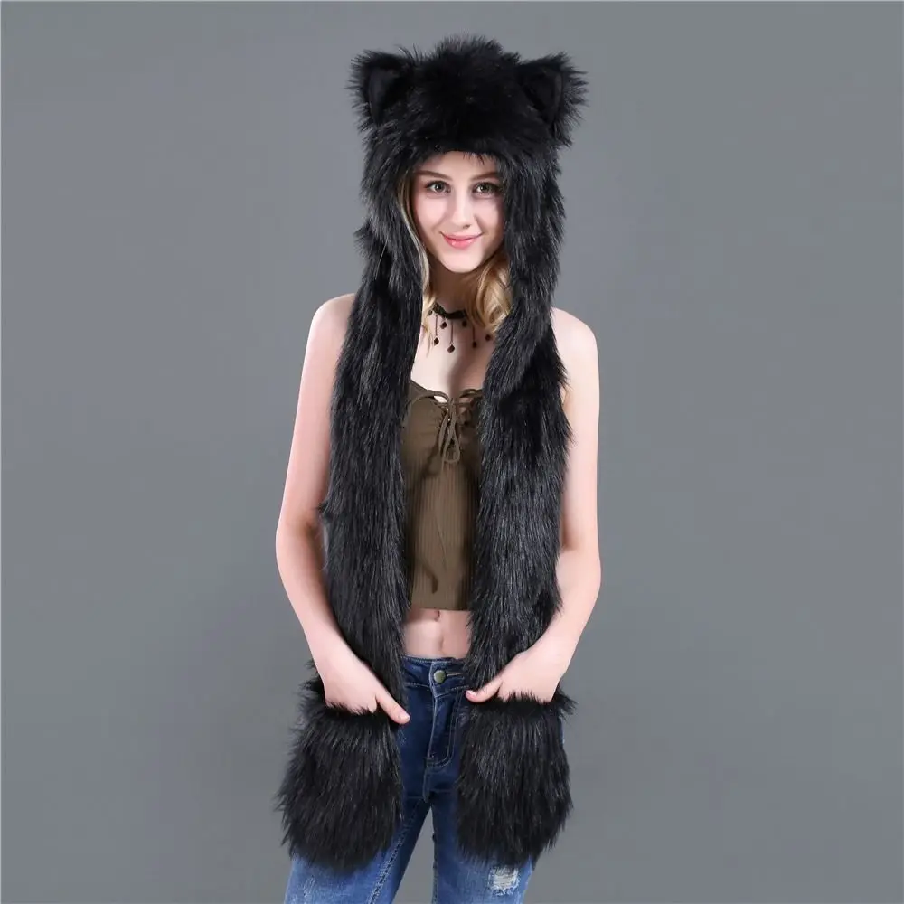 

Windproof 3 in1 Scarf Gloves Hat Set Fluffy Warm Winter Cap Thickened Cosplay Costume Ear Protection Hat Outdoor
